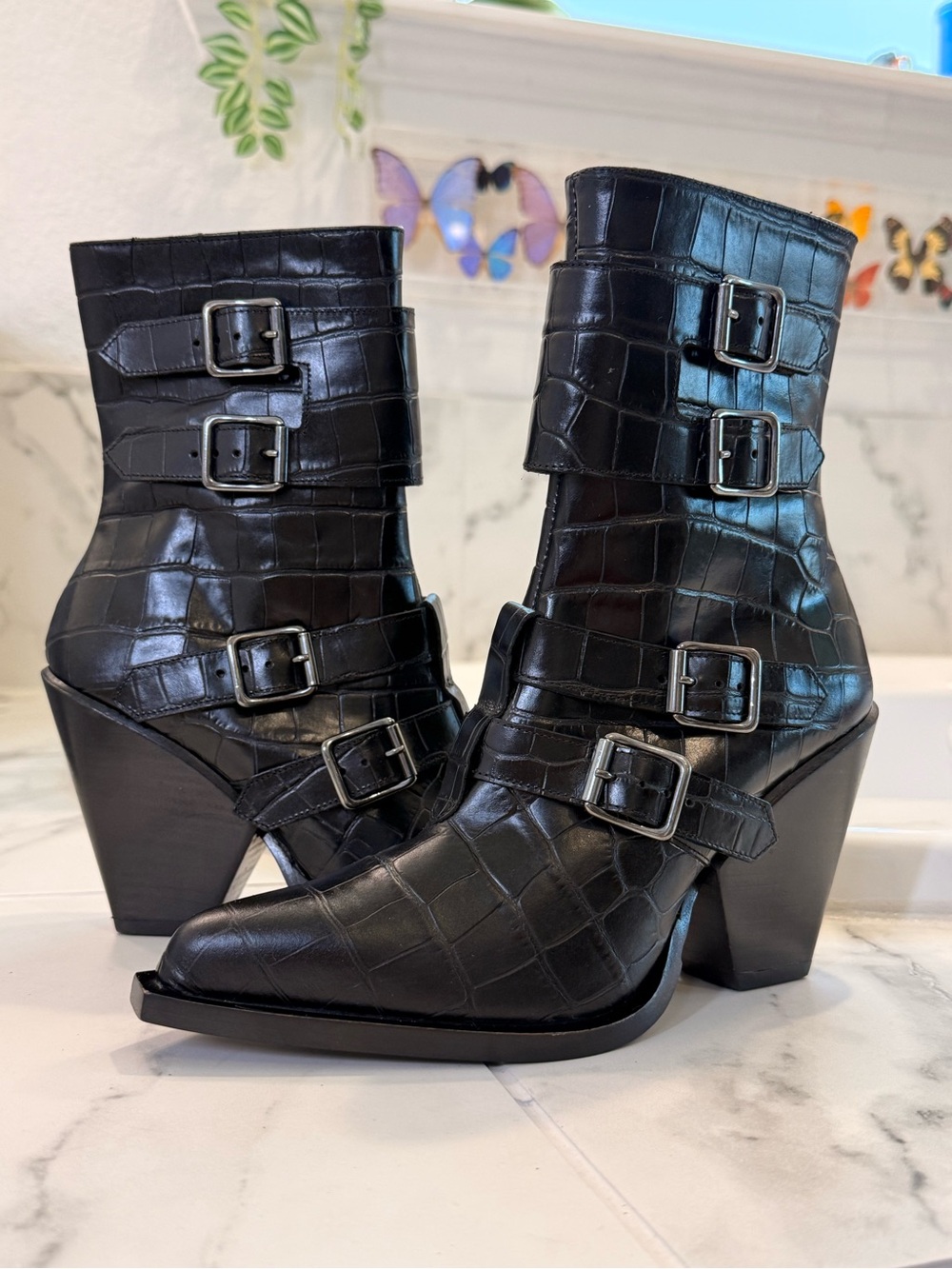 Pinko Lucciola Croc-Embossed Moto Boots Black size 37